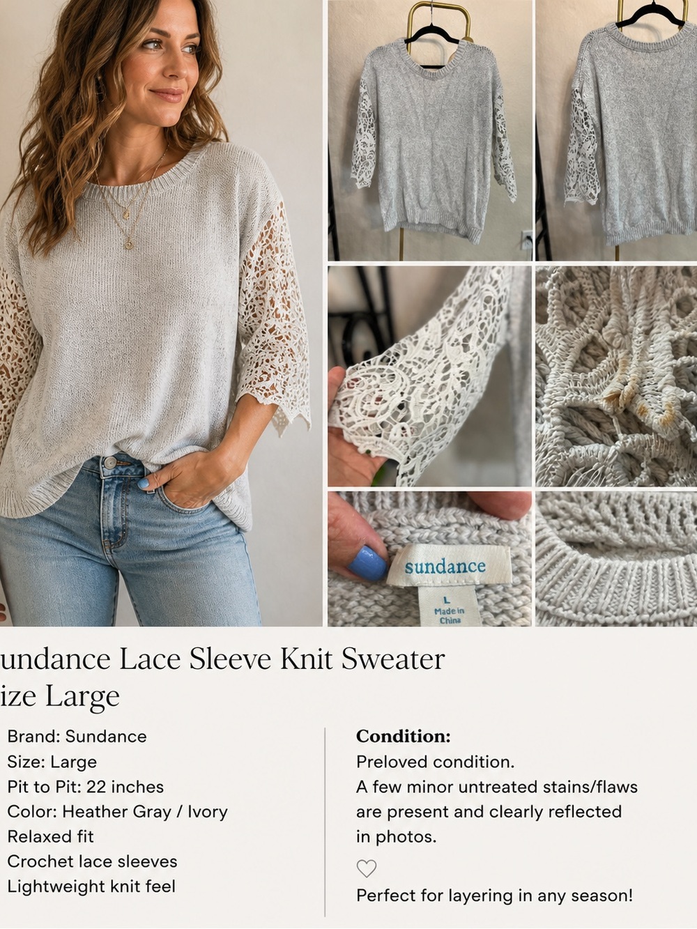 Sundance Lace Sleeve Knit Sweater Size L Boho Cottagecore Crochet Sleeve Top